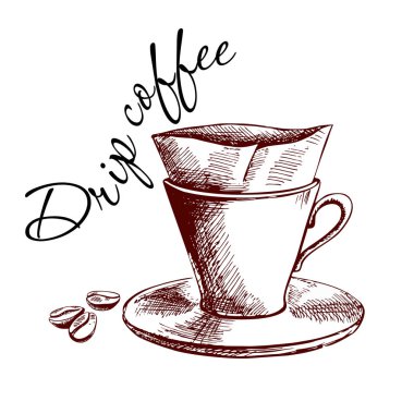 Kahve makinesinin üzerine dökün. Elle çizilmiş kahve posteri. Kahve için bir alıntı. vektör illüstrasyon