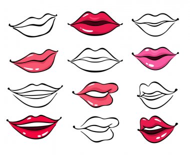 Renkli ve çizgi kadın dudakları vektör beyaz arka plan üzerinde ayarlayın. Kadın seksi kırmızı dudaklar farklı şekiller