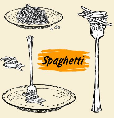 Makarna seti. Elle çizilmiş toplama spagetti. Doodle tarzında spagetti. Vektör çizimi. 