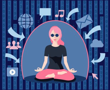 Vektör Illustration, meditasyon kavramı, vücut için sağlık faydaları, zihin ve duygular, kız bir Lotus oturur. İş kadını meditasyon