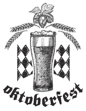 Oktoberfest çizimi. Bira vektör illüstrasyon. Oktoberfest el ilanı, afiş. Bira festivali logosu, konsept tasarımı. Pub menüsü.