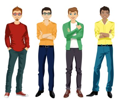 Yakışıklı erkekler modern erkek tarzı, vektör illüstrasyon giymiş. Ayarlamak. Genç yakışıklı rahat kot giymiş hipster geek adam. vektör illüstrasyon.