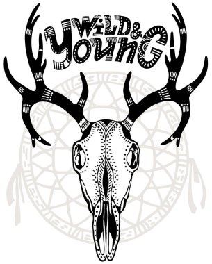 Geyik Vintage elle çizilmiş grafik (bir tekstil ve t-shirt baskı veya yetişkin boyama kitap sayfası olarak kullanılabilir) Vahşi ve genç. Alıntıyı yazım. Kabile süsü.