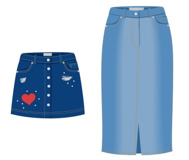 Denim etek seti. Kot giysileri. Trendy moda sökük Denim Casual giysi vektör illüstrasyon, kot şort beyaz arka planda izole