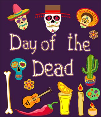 Ölüler günü. Çizgi film tarzı ölü gün renk çizimleri ayarlayın. Meksika sembolleri, şeker kafatasları, Mariachi, çiçekler