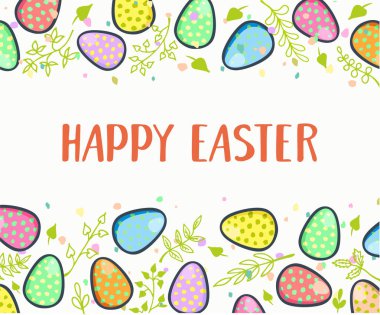 Çiçekler yumurta ile renkli mutlu paskalya tebrik kartı. Geleneksel süslemeleri ile Paskalya arka plan