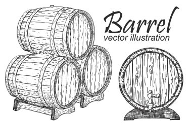 Vektör ahşap varil. El vintage illüstrasyon oyulmuş bir tarzda çekilmiş. Alkol, şarap, bira ya da viski eski ahşap fıçı. Büyük pub ya da Restoran Menü, etiket, poster, logo için.