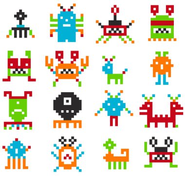 Piksel işgalciler. Vektör bilgisayar piksel alan ya da kozmik istilacı vintage arcade video oyunu için grafik ayarlamak