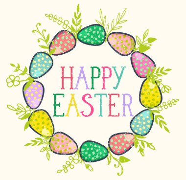 Çiçekler yumurta ile renkli mutlu paskalya tebrik kartı. Geleneksel süslemeleri ile Paskalya arka plan