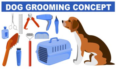 Kuaför tarama ve banyo köpekleri görünümünde bakım hizmeti tasarım konsepti. Simgeler vektör çizimi