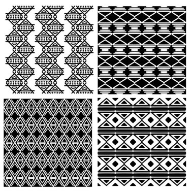 Etnik dikişsiz desen. Ayarlamak. Geometrik süs. El yapımı. Tekstilleriniz için siyah beyaz baskı. Vektör çizimi