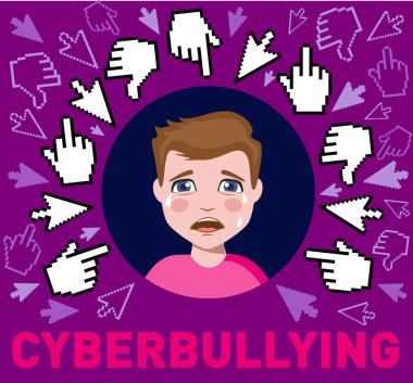 Siber zorbalık kavramı. Çocuk siber zorbalığa maruz kalır. Erkek karakter görme sembolü aşağı başparmak ve gözyaşları ile ağlama birçok sevmediğim alırsınız. Sosyal ağ medya topluluk teknoloji sorunları. 