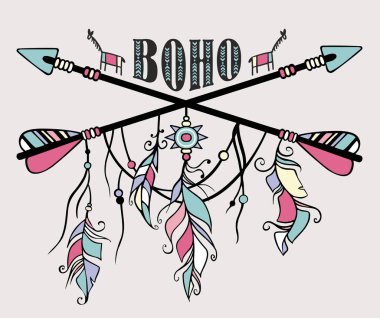 Vektör grunge illüstrasyon etnik oklar, tüyler ve rüya yakalayıcı. Boho ve hippi tarzı poster.