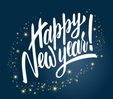 Mutlu yıllar sparkles mavi bulanık vektör zemin üzerine yazı. Tebrik kartı tasarım şablonu.