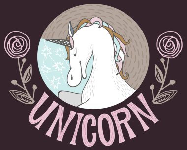 Güzel tek boynuzlu at kafası ve yazıt Tekboynuz. Tek boynuzlu at harfleri