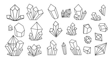 Kristal ince çizgi simgeleri ayarlayın. Değerli taş anahat işareti kiti. Mineral doğrusal simge koleksiyonu. Basit kristal siyah kontur sembolü ile yansıma vektör Illustration. Kristallerin el çizilmiş çizimi
