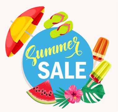 Beyaz arka planda mavi daire arkasında renkli plaj elemanları ile promosyon için yaz satış vektör afiş tasarımı. Vektör çizimi. 