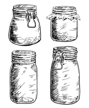 Kavanoz. Canning kavanozlar ayarlayın. Çizim stilinde elle çizilmiş grafik çizimler kümesi.