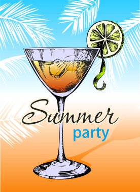 Yaz partisi tasarım posteri. Gece kulübü olay tipografisi. Kokteyl ile mutlu tatil kartı. Vektör çizimi