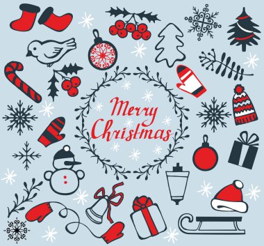 Kış Noel simgeleri kümesi. Mutlu Noel ler yazı alıntısı.