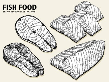 Balık fileto. Somon parçaları, kroki vektör illüstrasyon