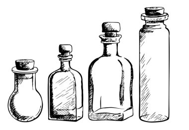 Boş cam kavanoz ve çeşitli şekiller şişeleri bir dizi. Çizim. El çizimi vektör çizimi 