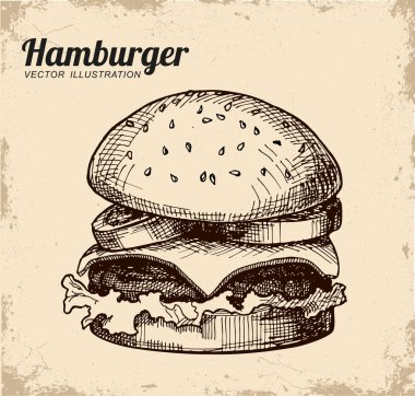 Hamburger vintage arka plan çizim. Çizburger. Çizim elleri, mürekkep çizimi. 