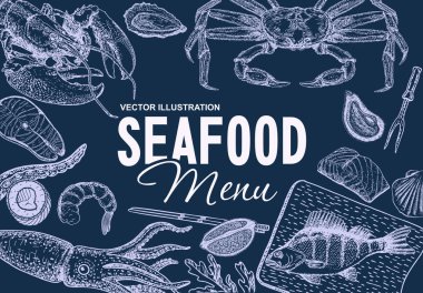 El çizilmiş vektör illüstrasyon deniz gıda. Vintage skeç tarzı. Deniz ürünleri menü tasarımı