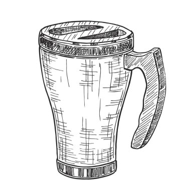 Thermo cup thermomug vektör illüstrasyon beyaz arka plan üzerinde izole. Seyahat kupa krokisi