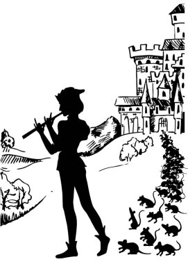 The Hamelin Pied Piper. A man plays a pipe and takes the rats out of town. Legend of the Hamelin Pied Piper. An ink drawing.