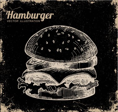 Kara tahta arka planda elle çizilmiş hamburger tebeşir çizimi. Burger, çizburger. Vektör çizimi