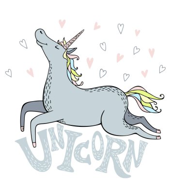 Çizgi film tek boynuzlu at. Sevimli büyülü tek boynuzlu at. Tipografi ve tek boynuzlu at. Vektör tasarımı beyaz arka plan üzerinde izole. T-shirt veya etiket için yazdırın. Romantik el çizim illüstrasyon. 