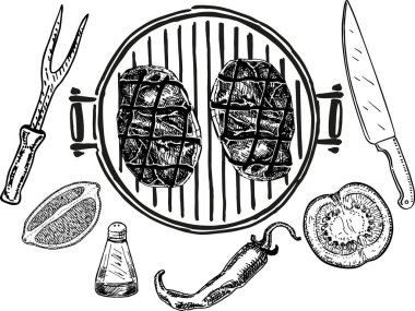 Izgara et üst görünüm çerçevesi. Vektör Illustration. çizim tasarımı. El çizilmiş Illustration. Izgara restoran menü tasarım şablonu. Izgara yemek.