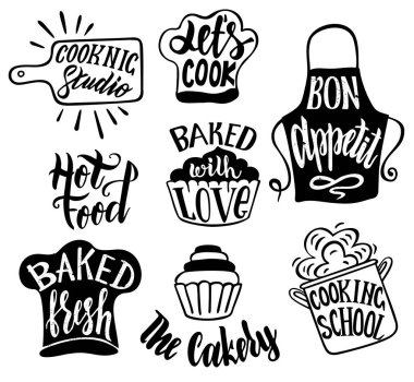 Restoran, menü, yemek etiket kümesi. Pişirme, mutfak, mutfak simgesini veya logo. Yazı, hat illüstrasyon vektör