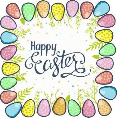 Çiçekler yumurta ile renkli mutlu paskalya tebrik kartı. Geleneksel süslemeleri ile Paskalya arka plan