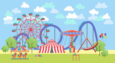 Eğlence Parkı, döner mekanizmalar, roller coaster ve hava balonu ile kentsel peyzaj. Sirk ve Carnival Tema vektör çizim.