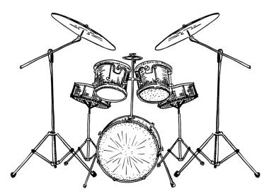 Bir davul kiti Illustration. Dass Tom-Tom binmek zil Crash Hi-şapka tuzak standları. Vektör çizimi. Müzik aletleri