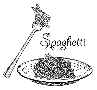 Makarnayı çatal ve tabağa yerleştirin. Spagetti. Vektör vintage siyah illüstrasyon beyaz arka plan üzerinde izole.