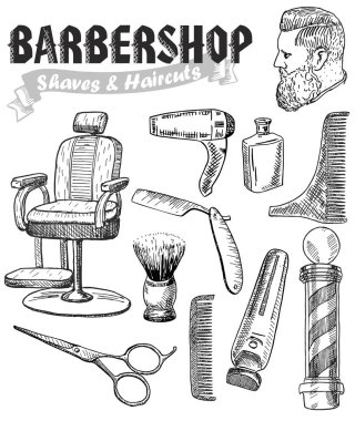 Berber Dükkanı Vektör Seti.Model adam ile el çizilmiş berber dükkanı araç ve aksesuarları koleksiyonu. Tıraş ve kuaför ekipmanları Sketch vintage illüstrasyon.