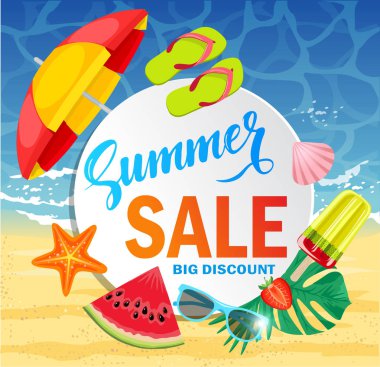 Kum ve deniz arka planda beyaz daire arkasında renkli plaj elemanları ile promosyon için yaz satış vektör afiş tasarımı. Vektör çizimi. 