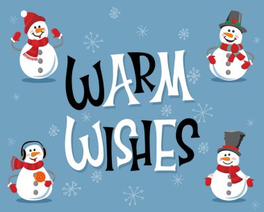 Sıcak dilekler. Şenlikli kış yazımı. Kardan adamlar hazır. Harflerle elle çizilmiş noel illüstrasyonu