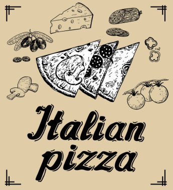 Pizza kartı. Peynir, biber, domates, zeytin, salam, tasarım ve diğer malzemeler bir menü stilize çizim. Vektör