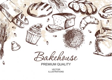Mürekkep el çizilmiş pişirme illüstrasyon ile vektör kart tasarımı. Ekmek ve hamur işleri kroki ile Vintage şablon. Fırın veya bakehouse menü. 