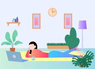 Kız dizüstü bilgisayarla yerde yatıyor. Vektör. Düz çizgi film tarzı. Genç kadın internette sörf yapıyor ve kahve içiyor