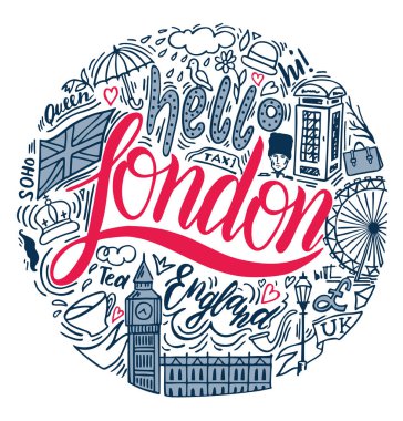 İngiltere sembolleri, simgeleri. Taç, Big Ben, Telefon kulübesi, bekçi, bayrak, çay, vektör illüstrasyon ile el çizilmiş ayarlayın. Londonl üzerine el çizilmiş kavramsal illüstrasyon - yazı ve illüstrasyonlar