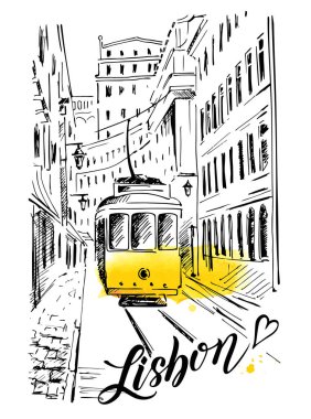 Lizbon. Sarı tramvaylı Lizbon caddesi. Cityscape çizimi. Vektör el çizilmiş kroki illüstrasyon ile suluboya sıçrama. Elle çizilmiş turistik sanat. Seyahat ve macera