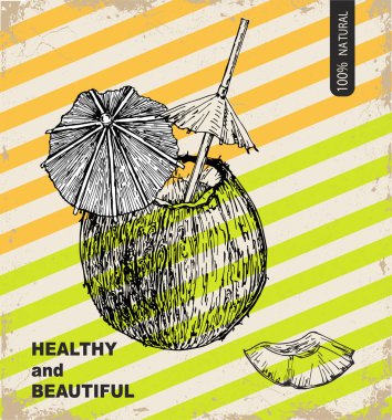 Taze hindistan cevizi tasarım şablonu. Botanik meyve. Oyulmuş hindistan cevizi. Vektör çizimi