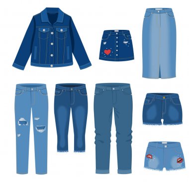 Kot giyim. Trendy moda sökük Denim rahat giysi vektör illüstrasyon, kot kıyafeti giysiler modelleri beyaz arka planda izole. Kot, kot etek, şort, ceket