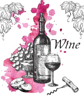 Grafik tarzı el çizilmiş vektör illüstrasyon şarap şişesi ve şarap kadehi ve üzüm seti
