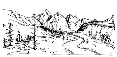 Mountain landscape sketch. Black and white dashed style sketch, line art, drawing with pen and ink. clipart
